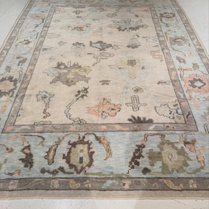 May include: A rectangular area rug featuring a cream-colored field with a central medallion and scattered floral motifs in shades of light blue, muted brown, and soft peach. The rug is framed by a wide border with repeating floral patterns.