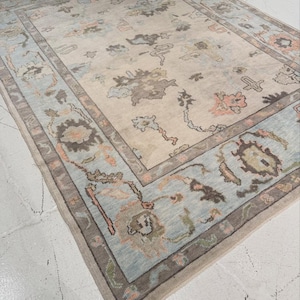 May include: A rectangular area rug featuring a cream-colored center field with scattered floral and abstract motifs in muted shades of blue, brown, and coral. The rug is framed by a wide border in light blue with intricate floral patterns.