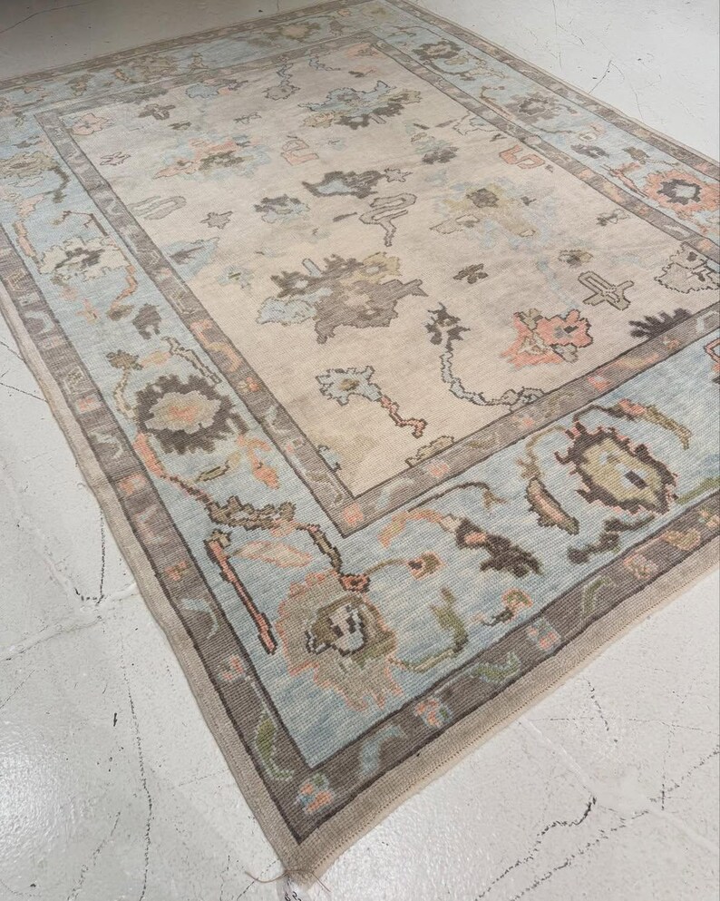 May include: A rectangular area rug featuring a cream-colored center field with scattered floral and abstract motifs in muted shades of blue, brown, and coral. The rug is framed by a wide border in light blue with intricate floral patterns.