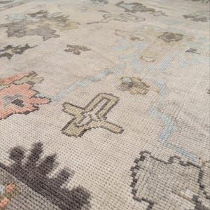 May include: A woven area rug featuring a light beige base with a repeating pattern of stylized floral and geometric motifs in muted shades of charcoal gray, soft salmon pink, pale blue, and olive green across the textured surface.