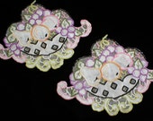 Pair of Antique Appliques Vivid Embroidery Over Linen and Lace Fruit Design, Circa 1925