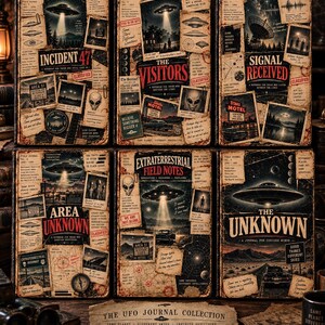 May include: A collection of six rectangular notebooks featuring vintage-style collage covers with UFO imagery, alien illustrations, and text including Incident 47, The Visitors, Signal Received, Area Unknown, Extraterrestrial Field Notes, and The Unknown.