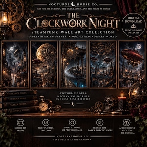 Może przedstawiać: Kolekcja do pobrania cyfrowego zatytułowana The Clockwork Night Steampunk Wall Art Collection, przedstawiająca pięć ciemnych, szczegółowych scen miast inspirowanych epoką wiktoriańską, sterowców i mechanicznych kół zębatych, z tekstem.