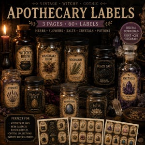 May include: A collection of apothecary labels featuring three pages with over 60 designs. The labels display text such as Witch's Brew, Mandrake Root, Rosemary, Black Salt, Lavender, Dragon Scale, Moonstone, Lotus, and Amethyst on glass jars.
