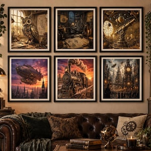 Op de afbeelding: Een set van zes ingelijste muurkunstprints met scènes geïnspireerd op steampunk, waaronder een mechanische uil, een rommelige studeerkamer, een telescoop met planeten, een luchtschip boven een stad, een stoomlocomotief en een klokkentoren.
