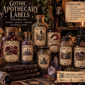 May include: A collection of glass apothecary jars with cork stoppers, each featuring decorative labels with names like Rose of Hecate, Mugwort, Dragon's Blood, Bone Dust, and Shadow Petals. The labels include intricate illustrations and text.