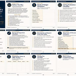 May include: A 12-page First-Time Buyer's Due Diligence Kit for boats, featuring a comprehensive system of checklists, worksheets, and trackers for research, sea trials, surveys, financing, and closing, presented in a printable and digital format.