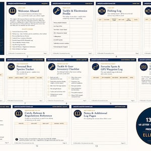 Op de afbeelding: Een printbare set van dertien pagina's genaamd Angler's Master Fishing Log and Trip Planner. De pagina's hebben donkerblauwe koppen met witte tekst, inclusief secties voor uitrustingsprofielen, vislogboeken en diverse checklists.