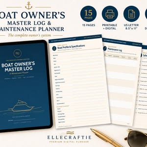 May include: A digital boat owner's master log and maintenance planner set featuring 15 pages in US Letter 8.5" x 11" format. The set includes a dark blue cover page with a boat graphic, a profile and specifications sheet, a maintenance log, and a safety equipment checklist.