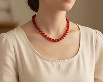Collana con corniola, collana con perline di corniola autentica da 8,5 mm, gioielli con pietra arancione, gioielli con cristalli curativi, pietra portafortuna di luglio, regalo per lei.