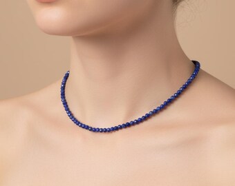 2mm Lapis Lazuli Beaded Necklace, Blue Shaded Lapis Lazuli Micro Faceted Round Bead, Dainty Lapis Lazuli Choker, Minimal Gemstone Jewelry.