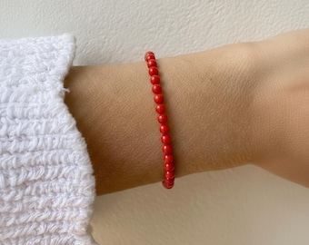Pulsera de coral rojo auténtico de 6 mm, pulsera de coral italiano de alta calidad, pulsera apilable, piedra de nacimiento de abril, regalo de Navidad, pulsera unisex.