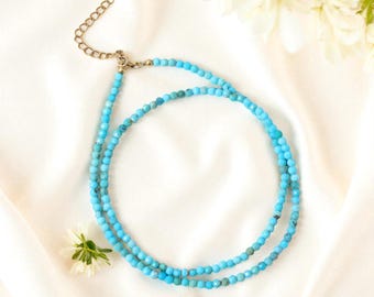 Collana Girocollo Bohémien In Pietra Turchese E Perline Bianche, Catena Regolabile, Gioiello Donna - 4