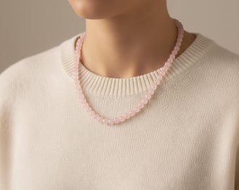 Rose quartz beaded necklace, 6mm rose quartz beads, Rose quartz choker.