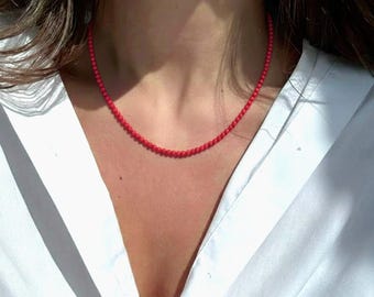 Collana in autentico corallo rosso, girocollo con perline di corallo rosso da 4 mm, gioielli minimalisti.