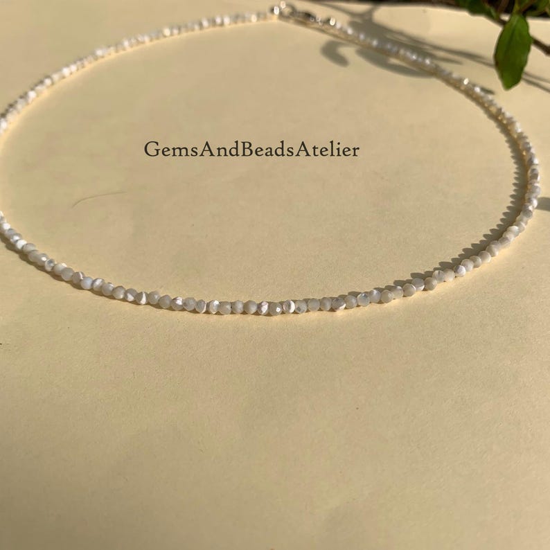 Mother Of Pearl Necklace, 2mm Mother Of Pearl Beads, Minimalist Choker. image 4