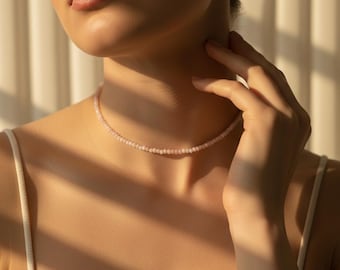 Pink Opal Beaded Choker Necklace – 2.5mm Micro Faceted Natural Gemstone, Minimalist Dainty Jewelry.