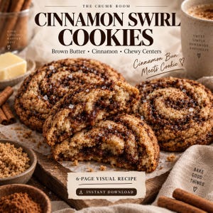 May include: A recipe card titled THE CRUMB ROOM CINNAMON SWIRL COOKIES featuring brown butter, cinnamon, and chewy centers. The text reads Cinnamon Bun Meets Cookie and 6-PAGE VISUAL RECIPE with an instant download icon. Three cookies are displayed.