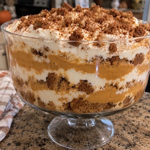 Puede incluir: Un postre trifle de calabaza en capas servido en un cuenco de cristal transparente con pedestal. El postre presenta capas alternas de mousse de calabaza naranja, nata montada blanca y migas de pastel marrones, cubierto con migas.