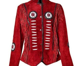 May include: A red suede jacket with fringe detailing and decorative circular patches. The jacket has a black collar and trim, with white stitching and buttons down the front. The sleeves also have decorative patches.