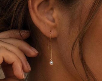Pearl Threader Earrings, 14k Gold Filled, Dainty Freshwater Pearl Drops