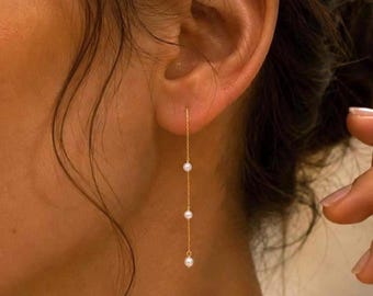 Dainty Freshwater Pearl Threader Earrings | 14k Gold-Filled | Minimalist Jewelry | Natural Rice Pearls