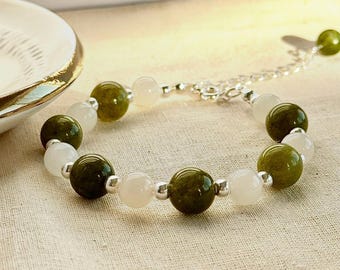 Green & White Jade Bracelet With Sterling Silver Beads, Healing Crystal Jewelry
