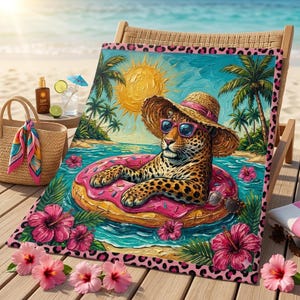 Puede incluir: Toalla de playa con un leopardo con gafas de sol y sombrero de paja, flotando en un flotador con forma de rosquilla rosa. La toalla tiene un borde rosa con estampado de leopardo y una escena de playa tropical.