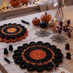 May include: Two round, crocheted coasters featuring a circular orange center surrounded by concentric rings of black yarn with a scalloped edge. One coaster has a small white ghost-shaped tag attached with a string and a printed brand label.