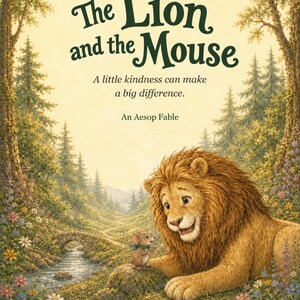 May include: A book cover illustration titled The Lion and the Mouse, An Aesop Fable, featuring a large golden lion looking at a small brown mouse on a rock. The scene is set in a lush forest with a stream, stone bridge, and colorful wildflowers.
