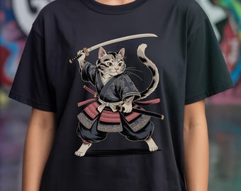 Samurai Cat T Shirt | Japanese Art Nouveau Graphic Tee | Ukiyo-e Inspired