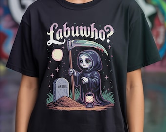 Labuwho? Funny Grim Reaper T Shirt | Pastel Goth 16 Bit Pixel Art Tee | Gothic Aesthetic Top | Dark Humor Gifts for Goths