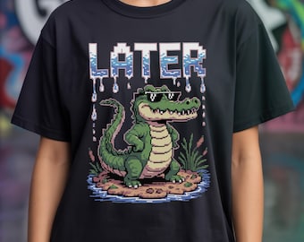 Funny Later Gator Pixel Art T Shirt | Retro Alligator Y2K 90s Nostalgia Croc Tee | 2000s Funky Style Dad Joke Gift