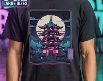 Cyberpunk Pagoda T Shirt | Japanese Neon Temple Tee | Vintage Pixel Art Vaporwave Aesthetic | Cyber Punk Anime | Japan Lover Gift