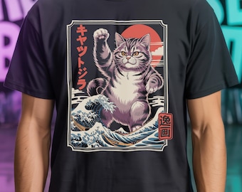 Catzilla T Shirt | Kaiju The Great Wave Tee | Ukiyo-e Cat Godzilla | Anime Lover Gift