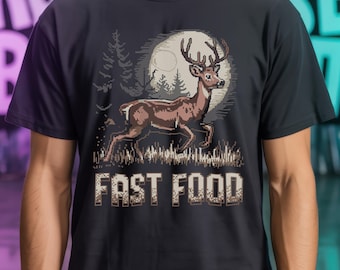 Funny Fast Food Deer T Shirt | Hunter Gift Tee | Dark Humor For Hunters | Vintage Pixel Art Outdoorsman Gifts