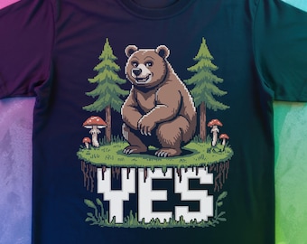 Funny Does a Bear Poop in the Woods Meme T Shirt | 8 Bit Pixel Art Campground Graphic Tee | Unhinged Sarcasm Nature Lover Gift | Pure Cotton