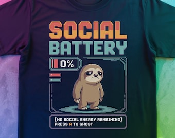 Social Battery 0% T Shirt | Anxiety Sloth Pixel Art Emotional Support Tee | Retro Arcade Introvert | Vintage Gaming Top | Pure Cotton