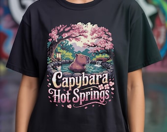 Funny Capybara Hot Springs T Shirt | Vintage Pixel Tee Y2K Outfit | Japanese 90's Aesthetic Cherry Blossom