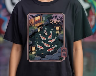 Japanese Koi Pond T Shirt | Cozy Anime Tee | Zen Meditation | Lantern Lit Garden Design | Japan Lover Gift