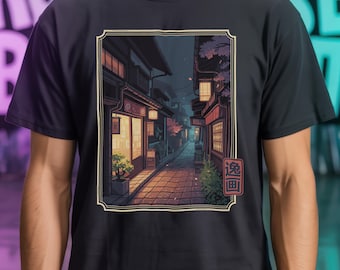 Japanese Night Alley T Shirt | Vintage Anime Aesthetic Tee | Pixel Lantern Gift | Cozy Manga