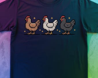 Pixel Chicken T Shirt | Farmer Tee Vintage Gaming Style | Minimal Hen Top | Cottage Core Homestead Gift for Farm Gamer & Cozy Games