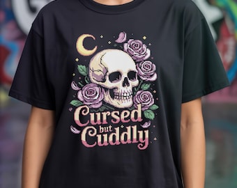 Cursed But Cuddly T Shirt | Pastel Goth Vintage Pixel Tee | Dark Aesthetic Skull Roses Top | Retro Witchcraft