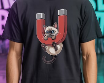 Funny Pussy Magnet T Shirt | 16 Bit Pixel Art Siamese Cat Tee | Retro Y2K Dark Humor Divorce Gift | 2000s Aesthetic Clothing Kitty Lover Top