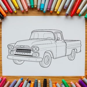 May include: A black and white line drawing of a vintage Chevrolet pickup truck on white paper. The word "CHEVROLET" is visible on the front. The drawing is surrounded by a variety of colorful markers, suggesting a coloring activity.