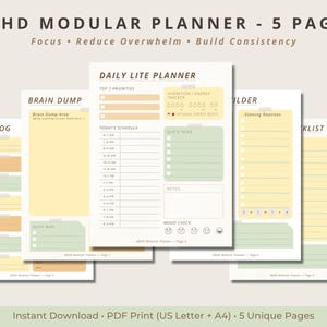 May include: ADHD modular planner with 5 pages. The planner includes sections for daily schedules, quick tasks, and mood checks. The design incorporates soft yellow, green, and beige tones. Text on the planner includes "Focus, Reduce Overwhelm, Build Consistency."