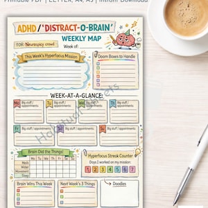 May include: ADHD weekly planner printable PDF with a colorful design. The planner includes sections for weekly goals, appointments, and a hyperfocus streak counter. Text includes "ADHD / 'DISTRACT-O-BRAIN' WEEKLY MAP" and "Your executive function just got backup."