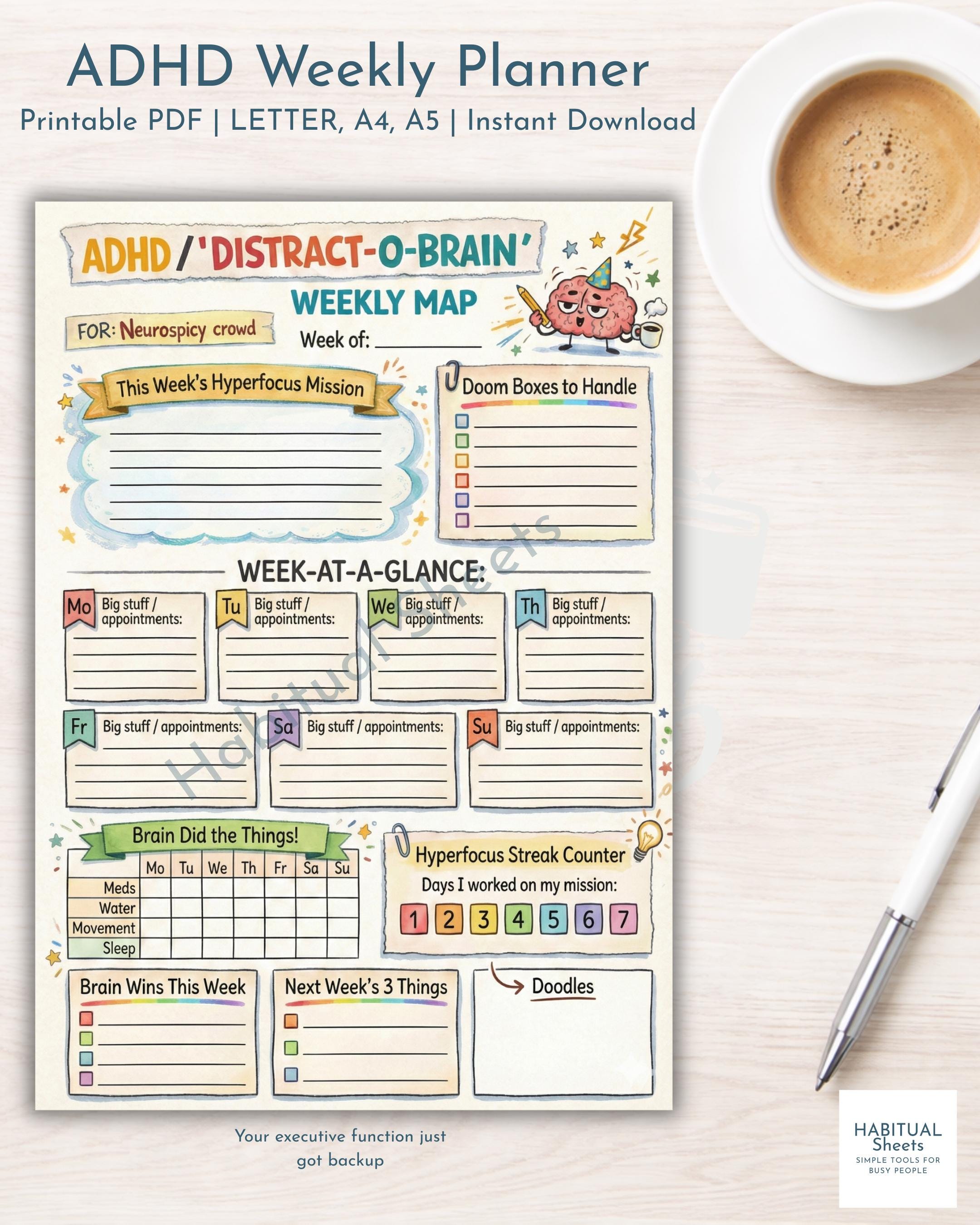 ADHD Weekly Planner, Neurodivergent Focus Map (US Letter/a4/a5 PDF) - Etsy