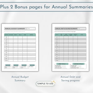 May include: Two printable pages for annual summaries. The first page is the "Annual Budget Summary" with sections for income, expenses, and notes. The second page is the "Annual Debt & Savings Summary". Both pages have a teal border.