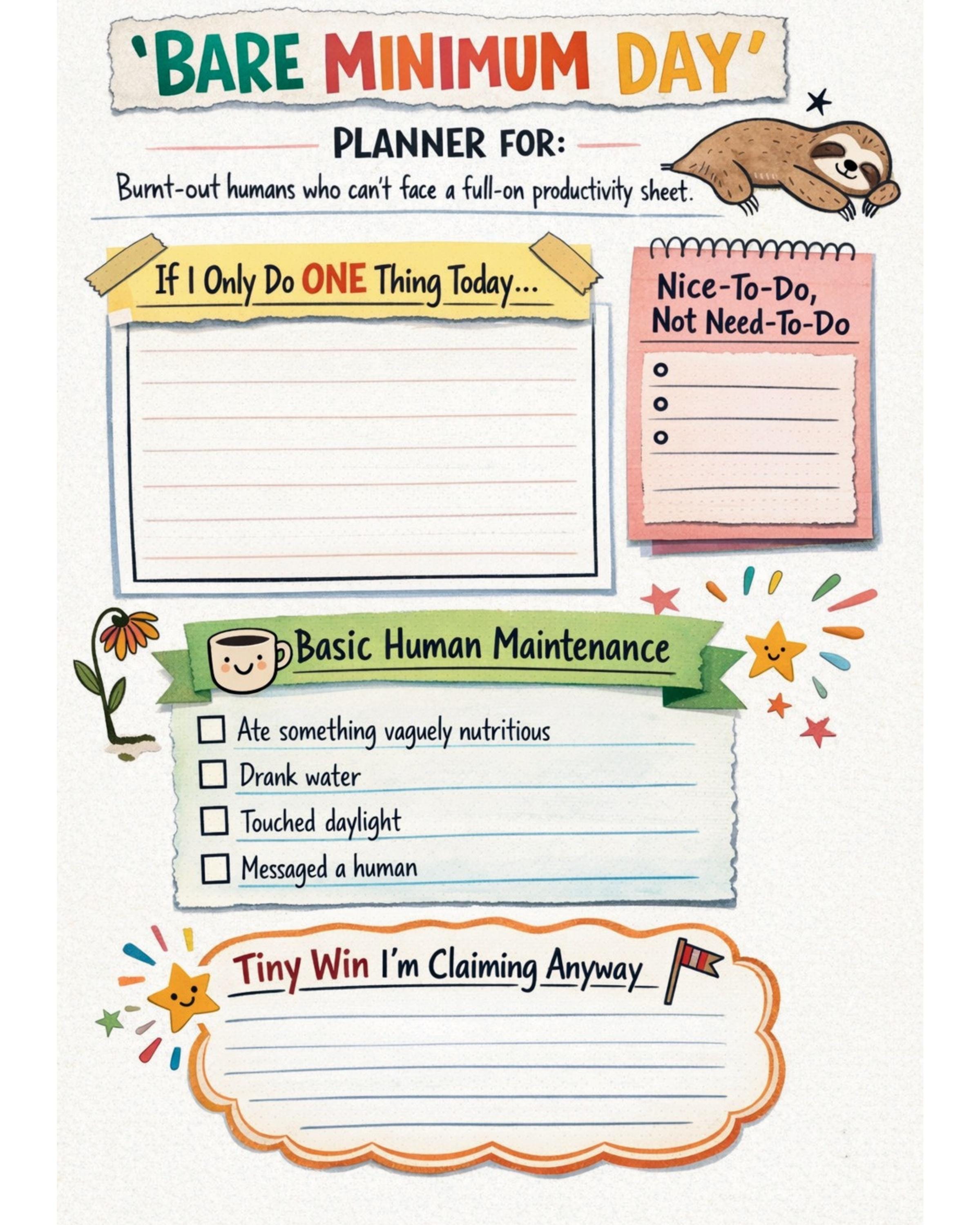 Minimum Day Week Bare Minimum Day Daily Planner Printable, Fun Burnout Self-care ...